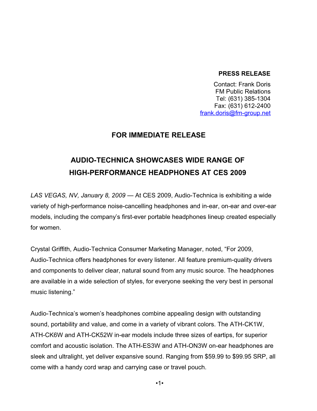 Audio-Technica CES 2009 Press Release for Business Wire