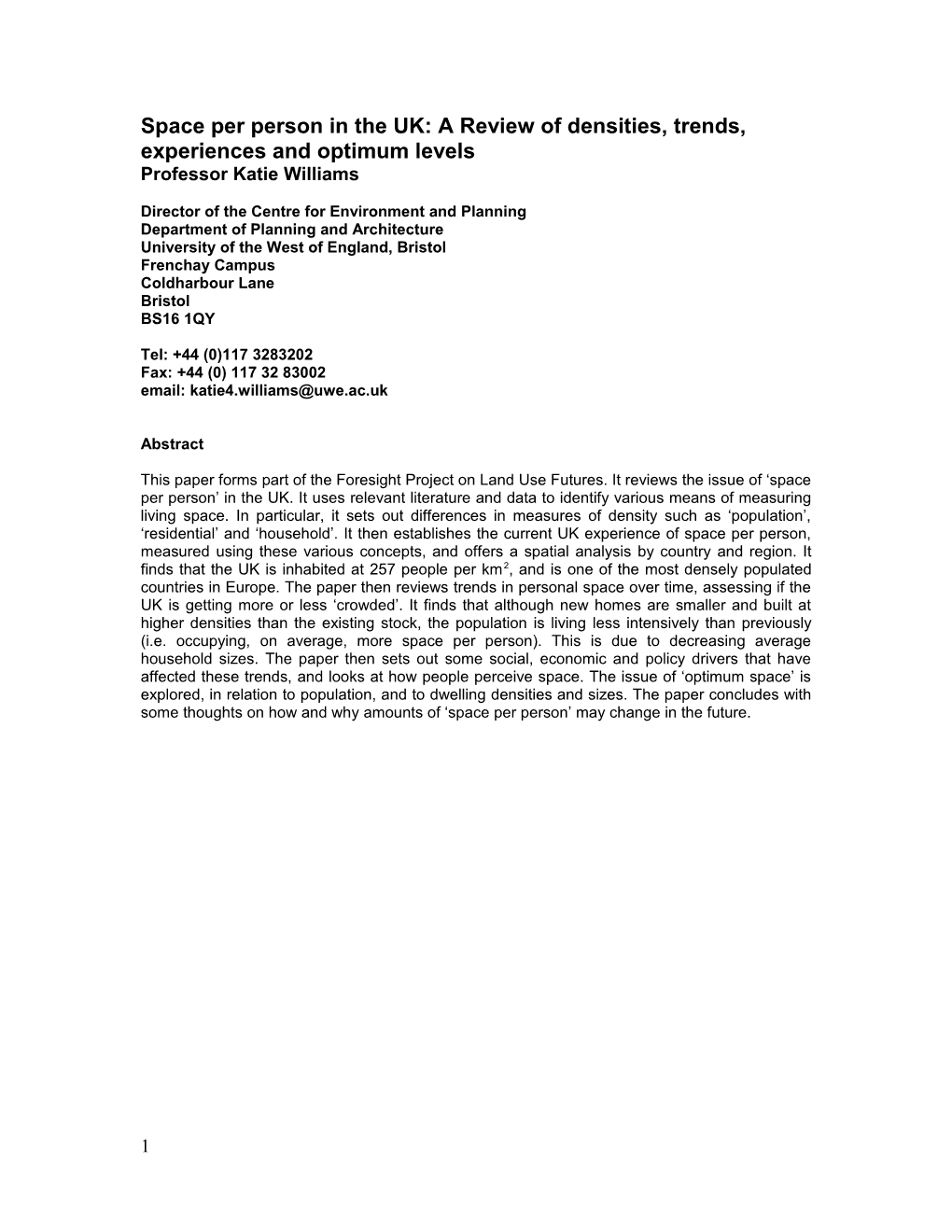 Space Per Person In The UK: A Review Of Measurements, Trends, Experiences And Optimum Levels