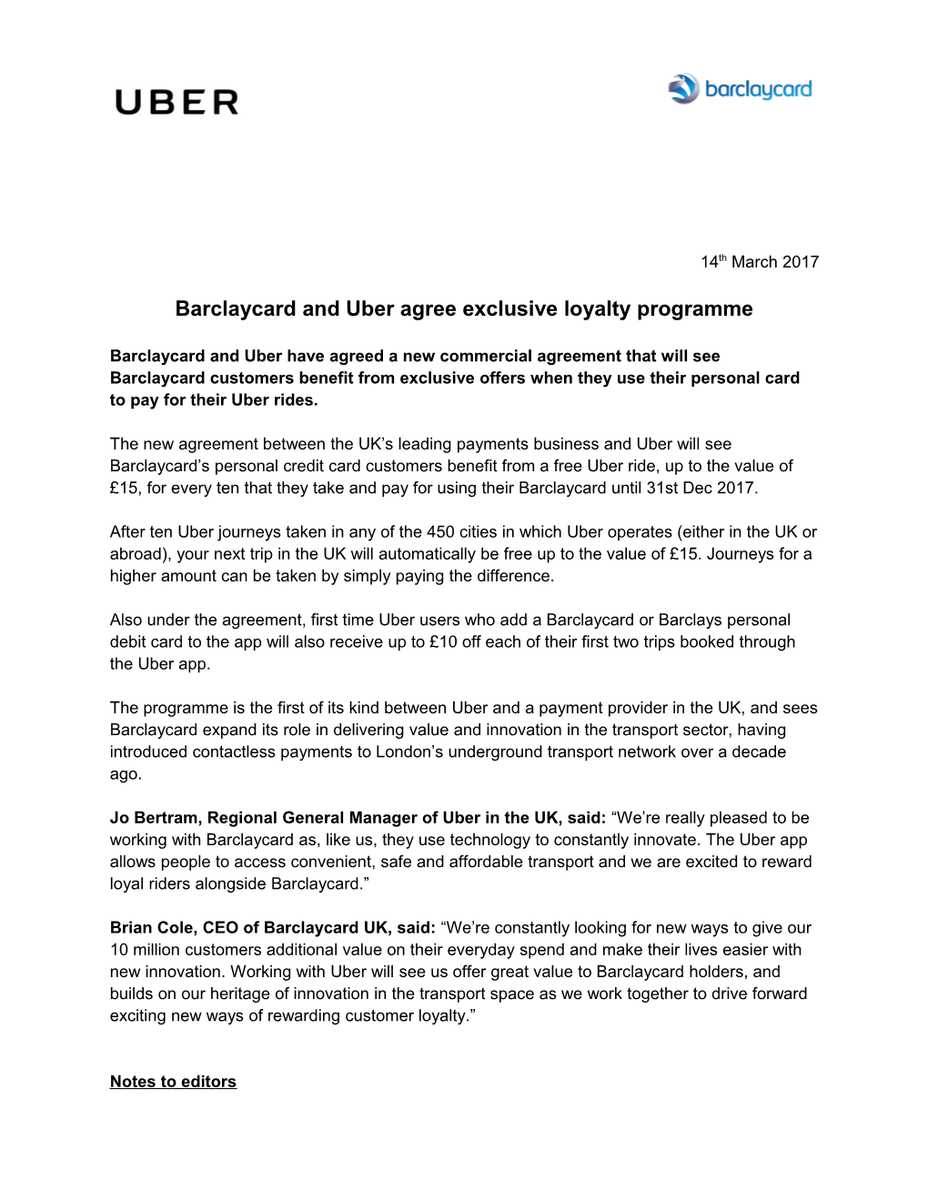 Barclaycard and Uber Agree Exclusive Loyalty Programme