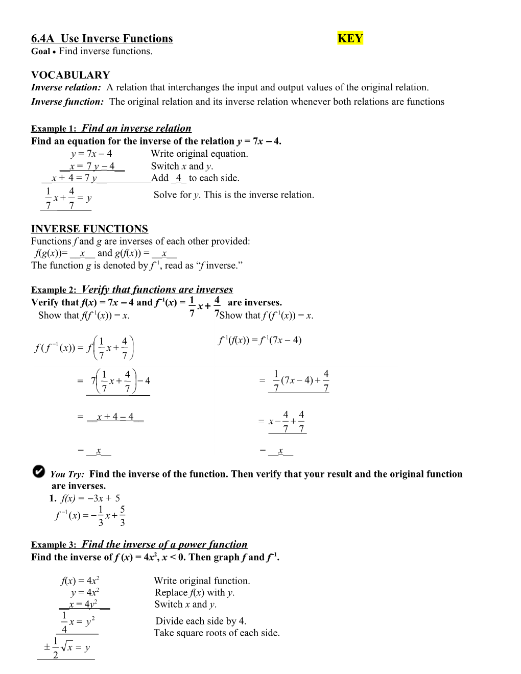 6.4A Use Inverse Functions KEY