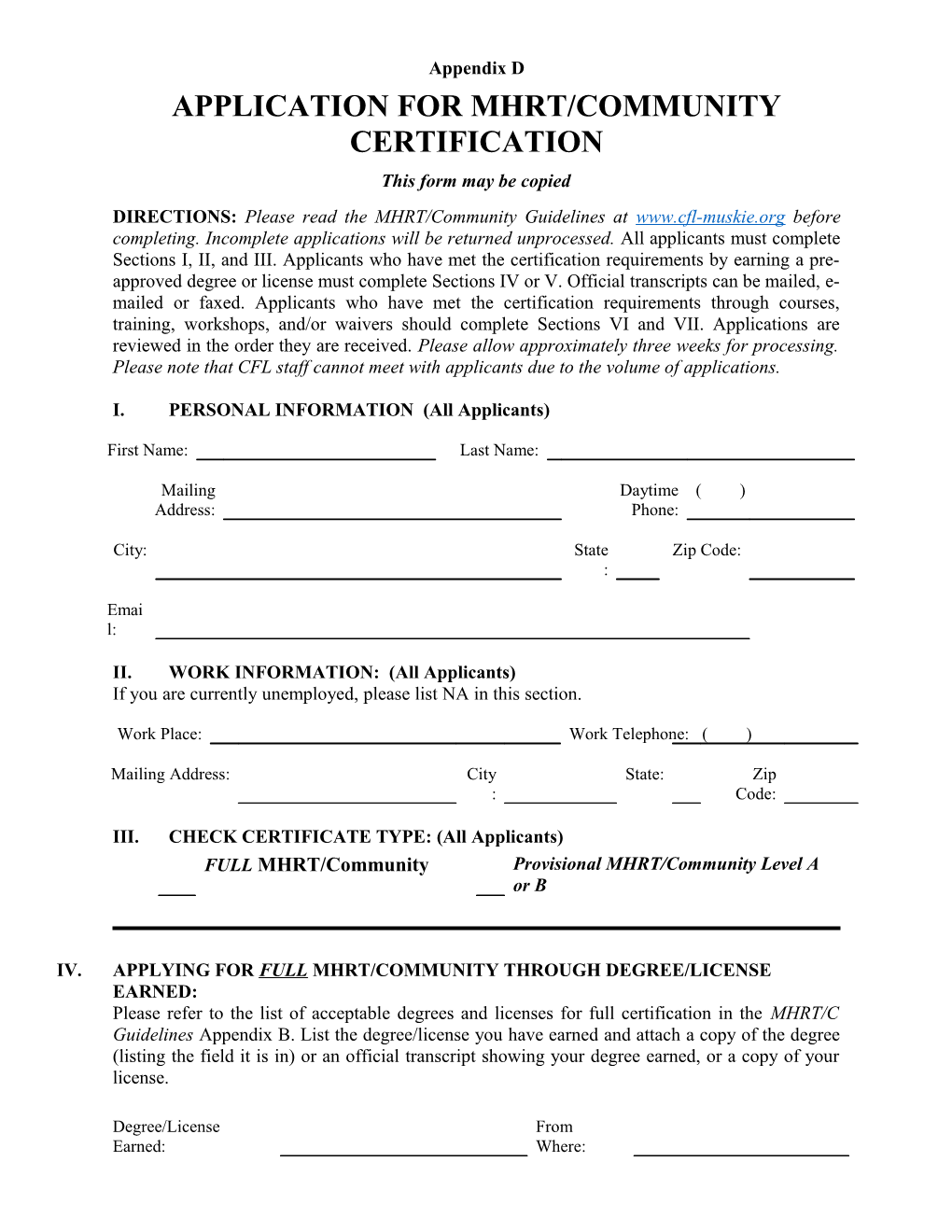 Application for Mhrt/Community Certification
