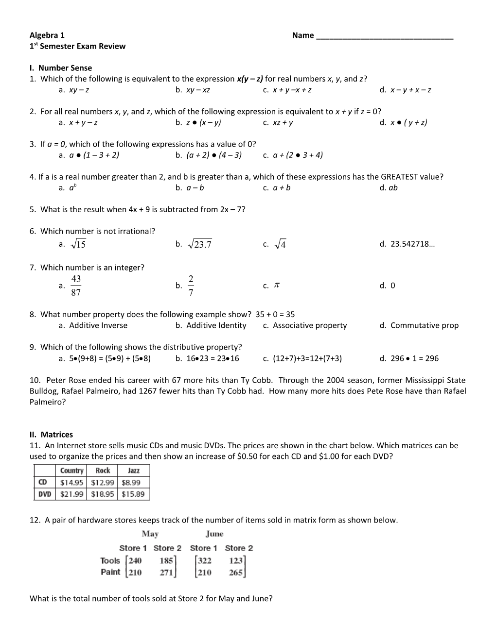 Algebra I Semester Exam Review