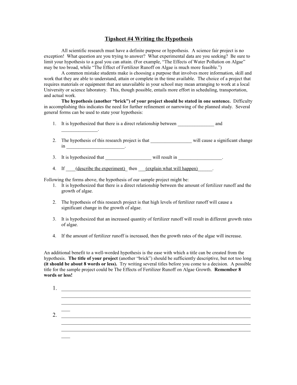 Tipsheet #4 Writing the Hypothesis