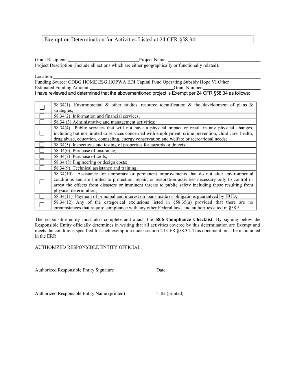 Exemption Determination for Activities Listed at 24 CFR 58.34