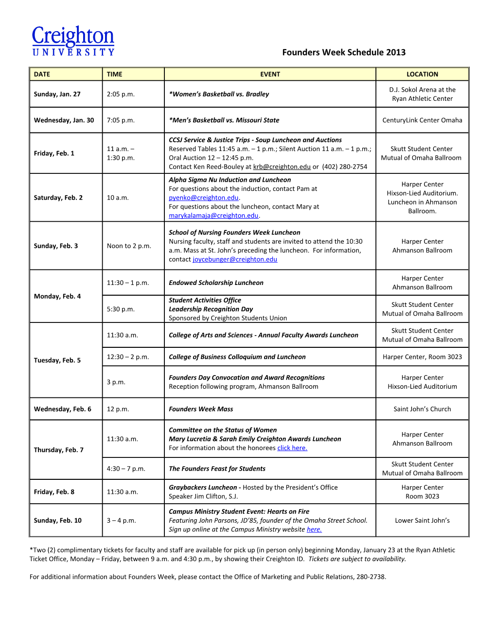 Founders Week Schedule 2013