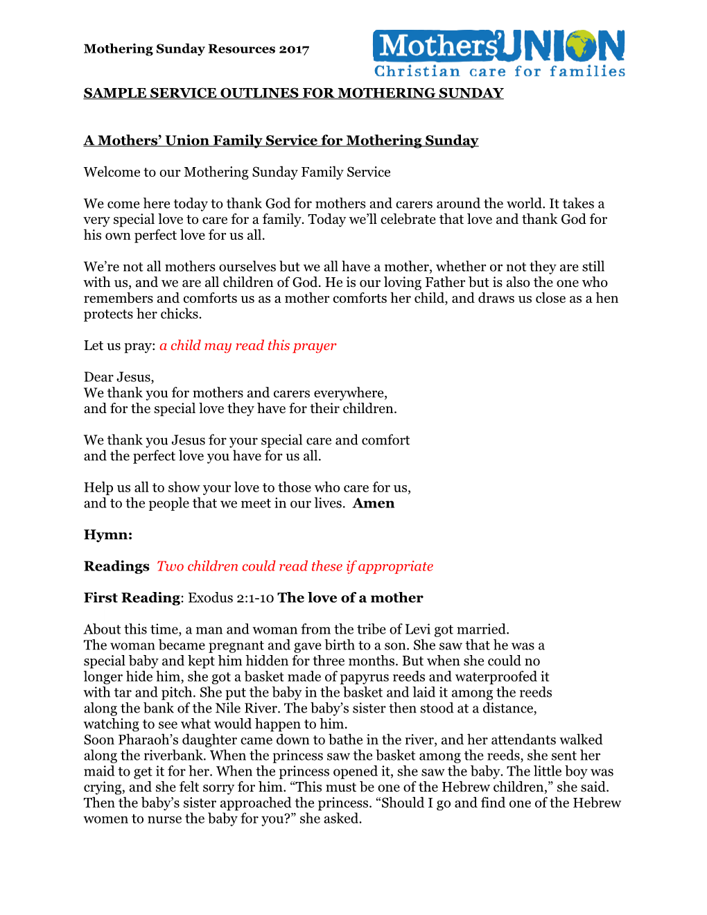 Sample Service Outlines for Mothering Sunday