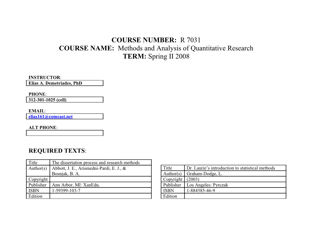 COURSE NAME: Methods and Analysis of Quantitative Research