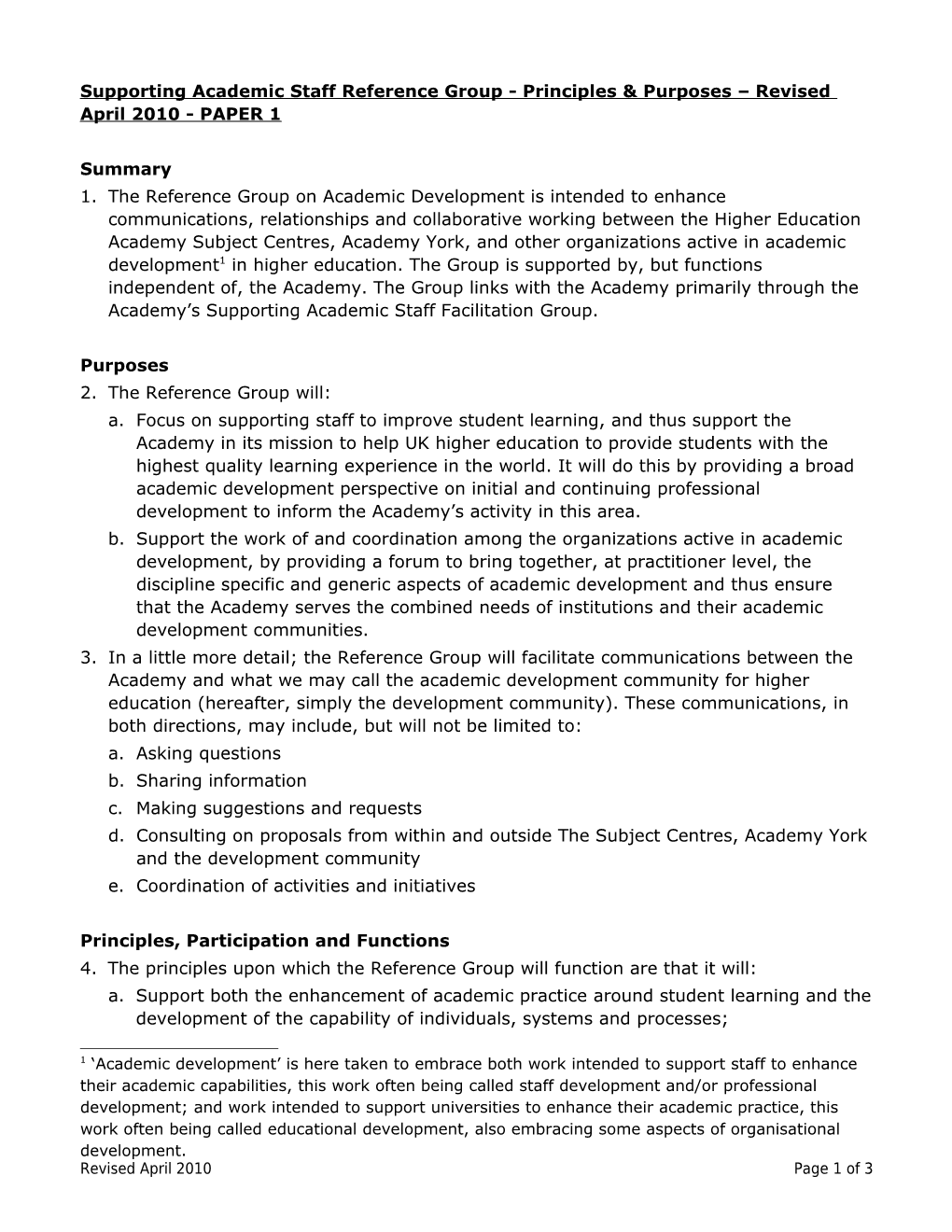 Supporting Academic Staff Reference Group - Principles Purposes Revised April 2010 - PAPER 1