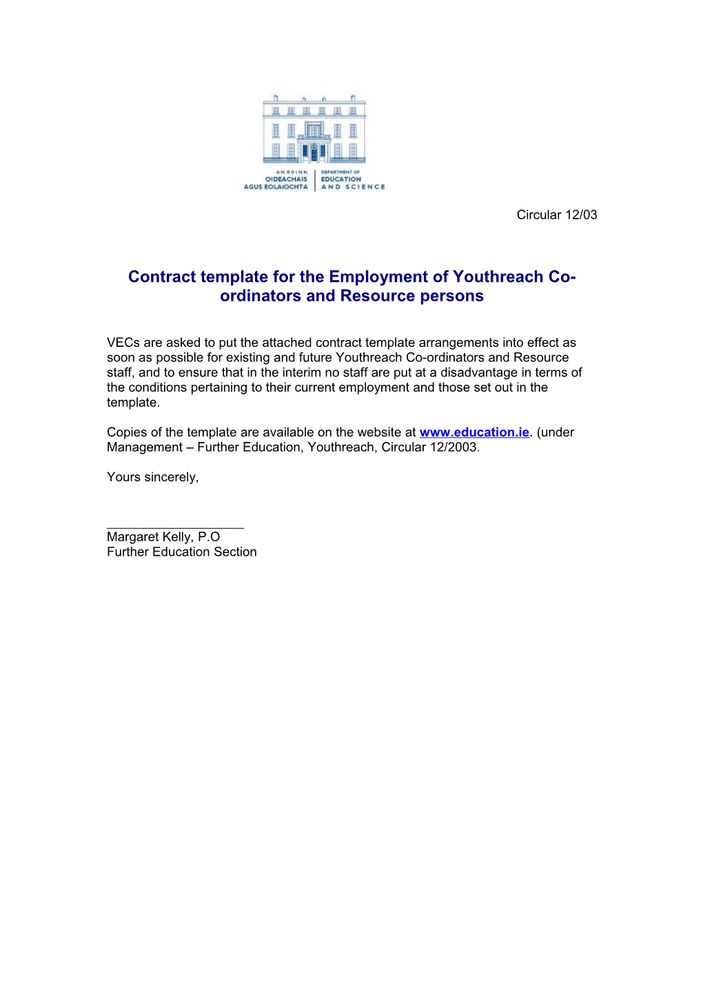 Circular 12/03 - Contract Template for the Employment of Youthreach Co-Ordinators and Resource
