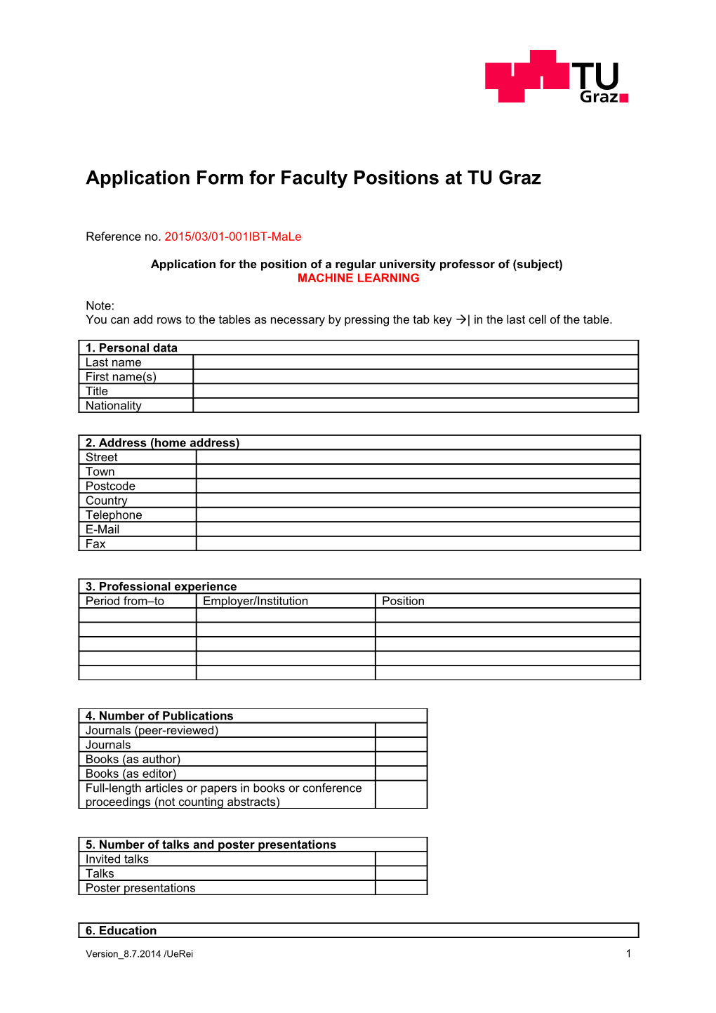 Application Form for Faculty Positions at TU Graz