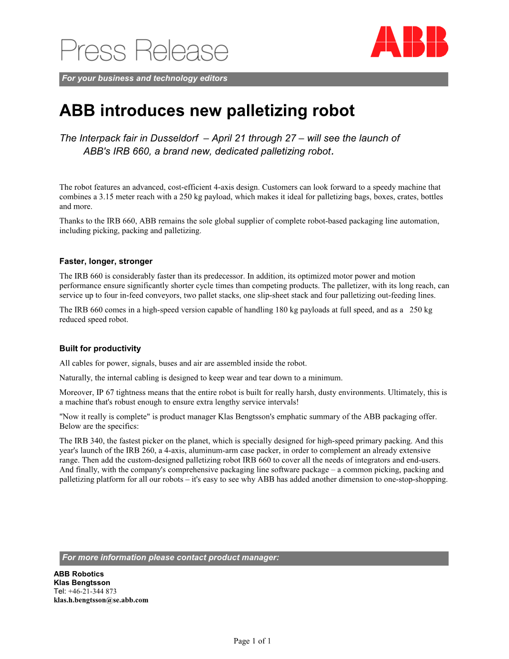 ABB Introduces New Palletizing Robot