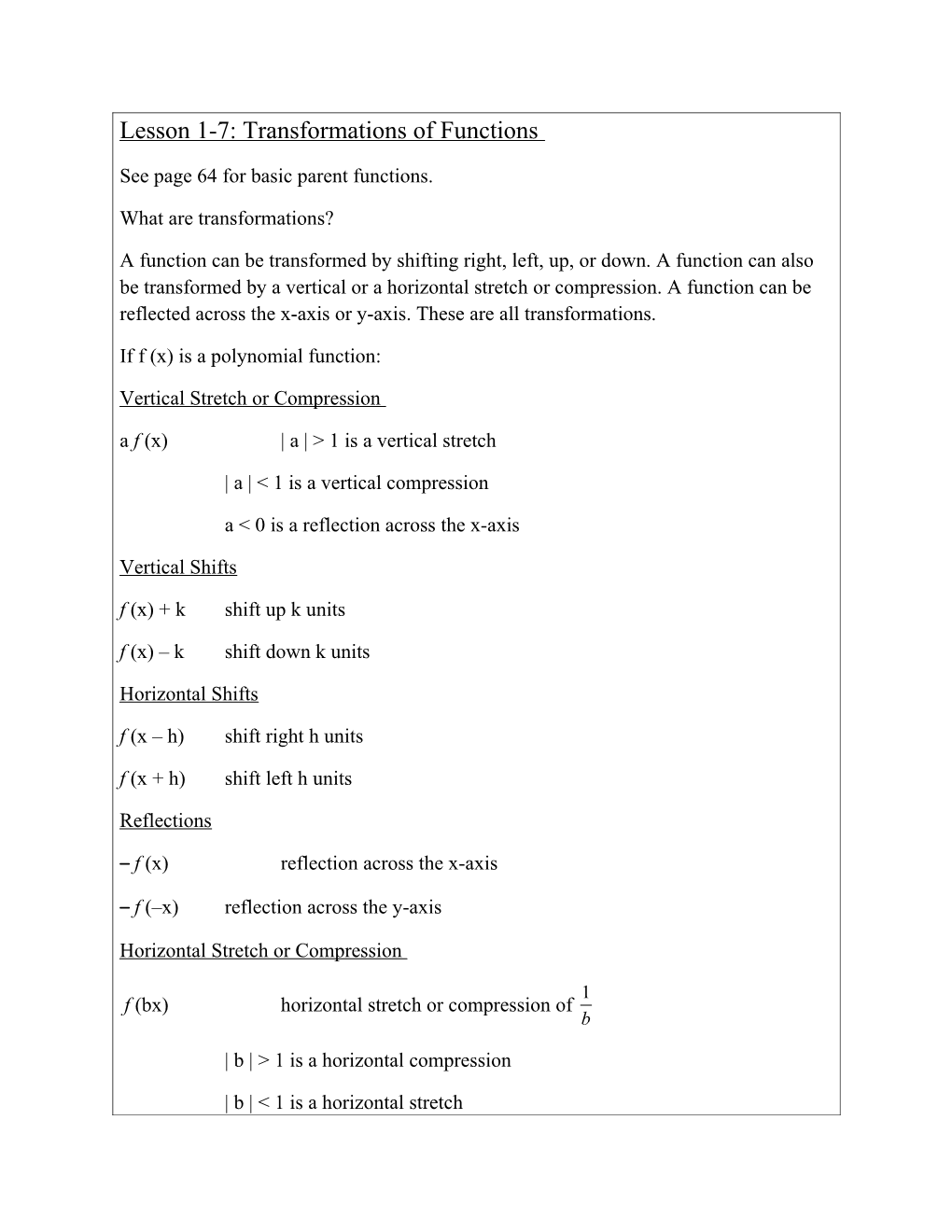 Lesson 1-7: Transformations of Functions