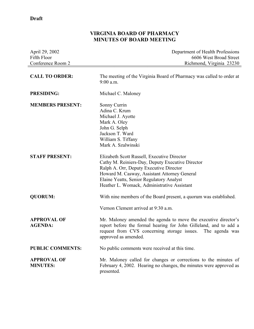 Virginia Board of Pharmacy Minutes 04-29-2002
