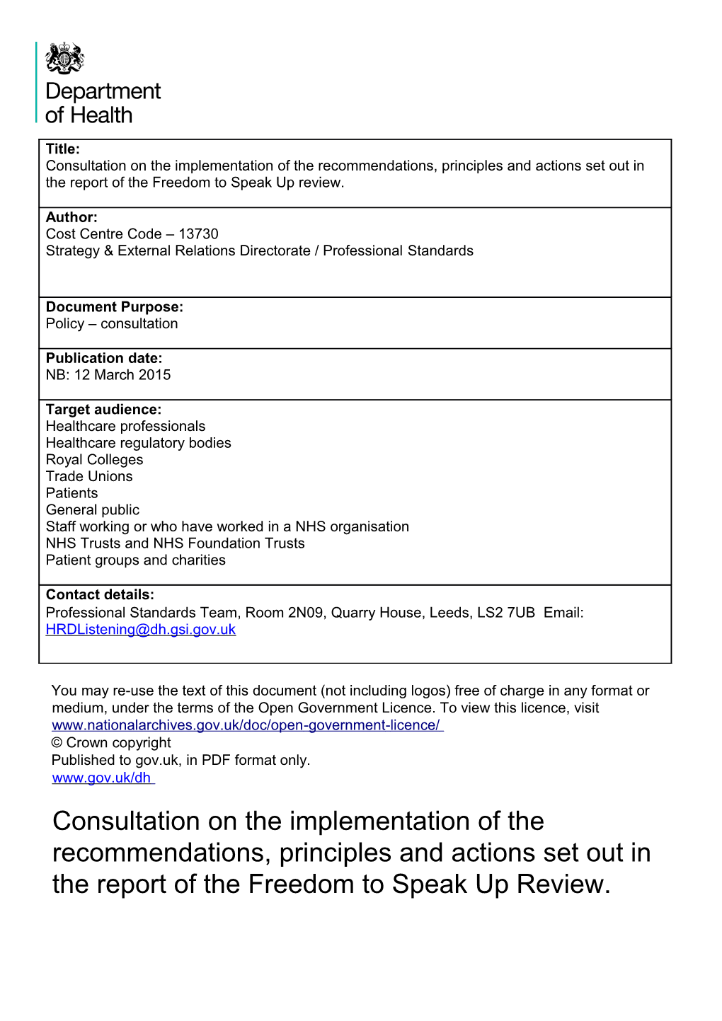 Title: Consultation on the Implementation of the Recommendations, Principles and Actions