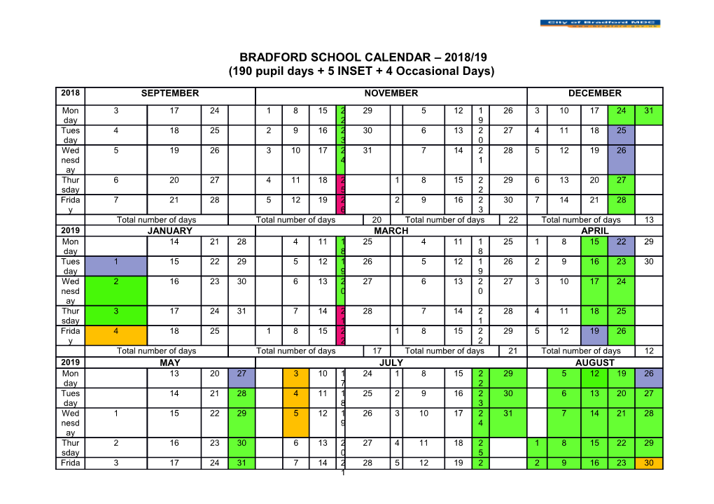 190 Pupil Days + 5 INSET + 4 Occasional Days