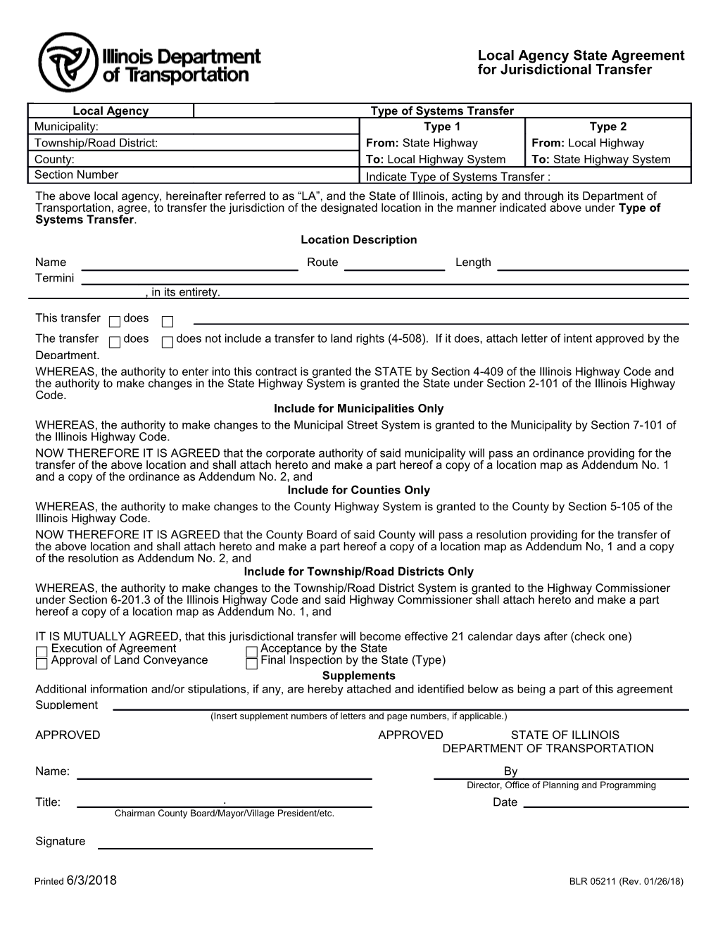 Local Agency State Agreement for Jurisdictional Transfer