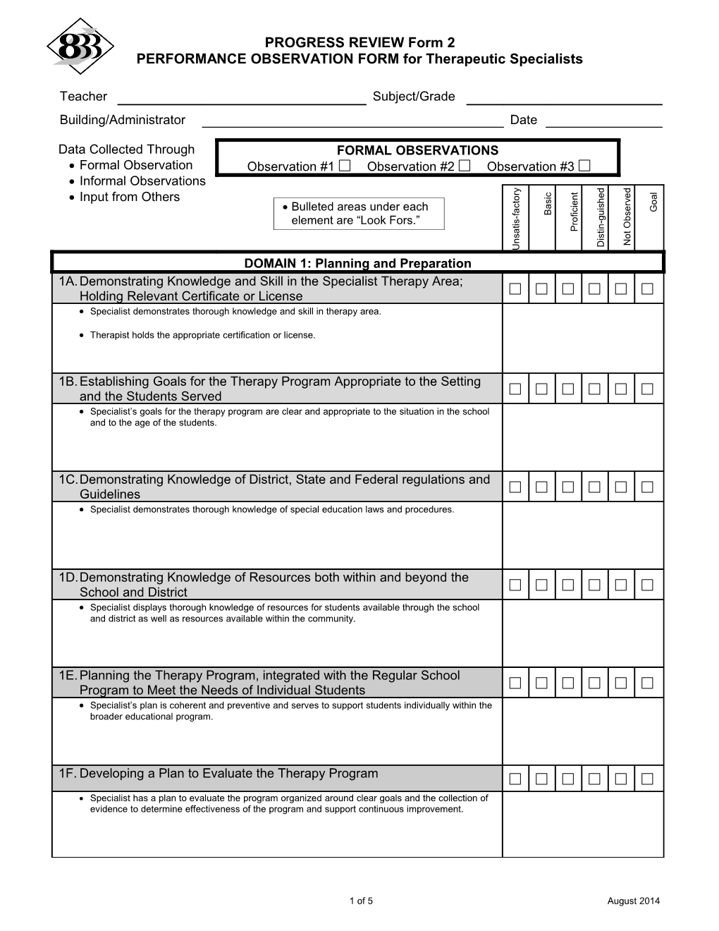 PERFORMANCE OBSERVATION FORM for Therapeutic Specialists
