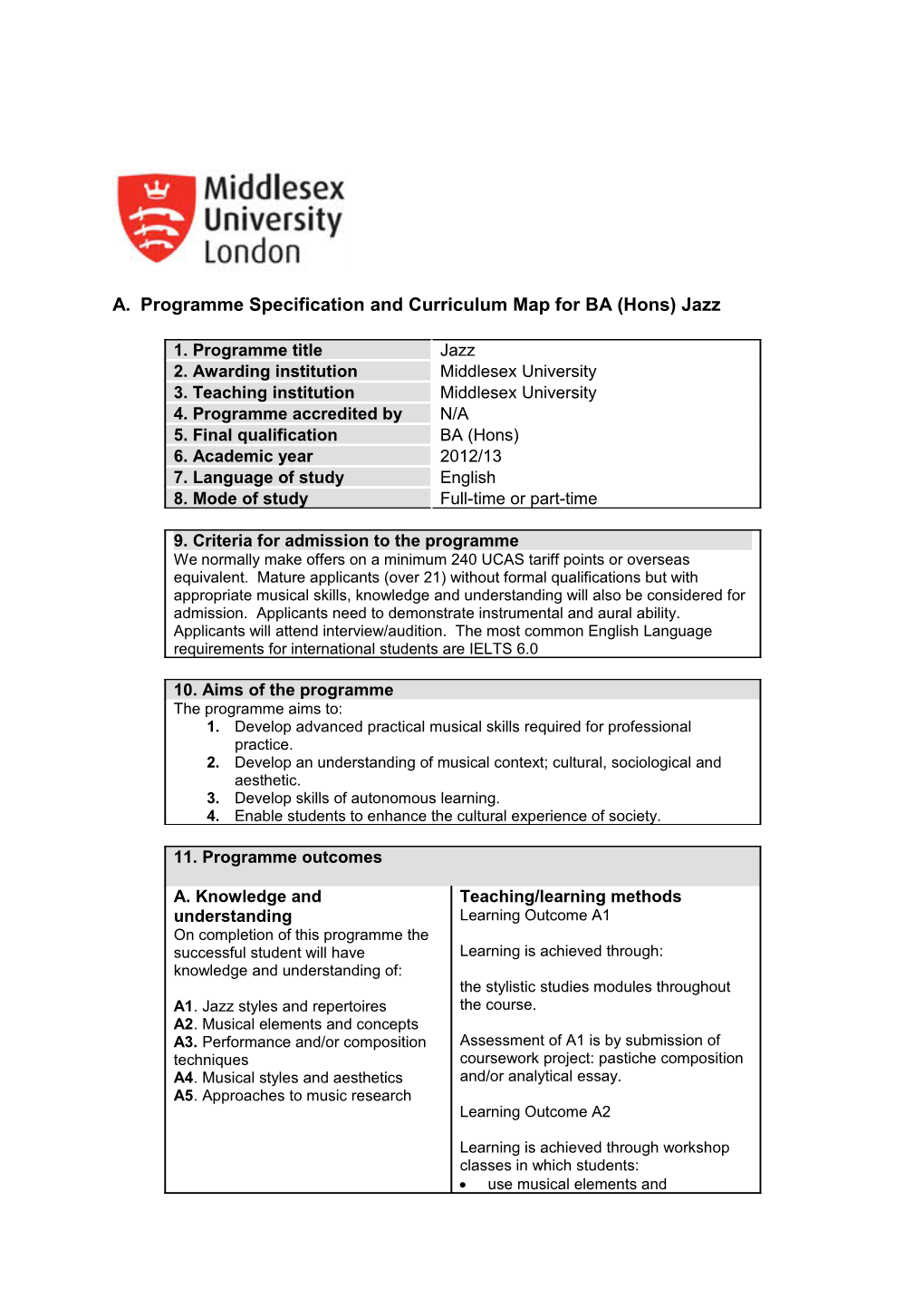 A. Programme Specification and Curriculum Map for BA (Hons) Jazz
