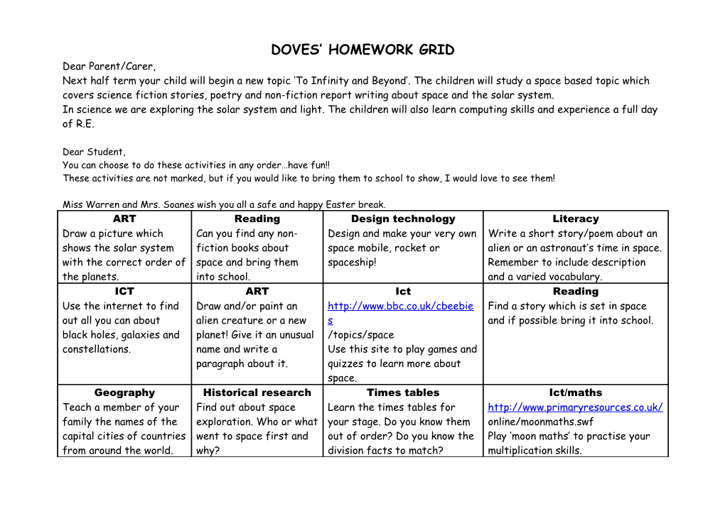 Doves Homework Grid