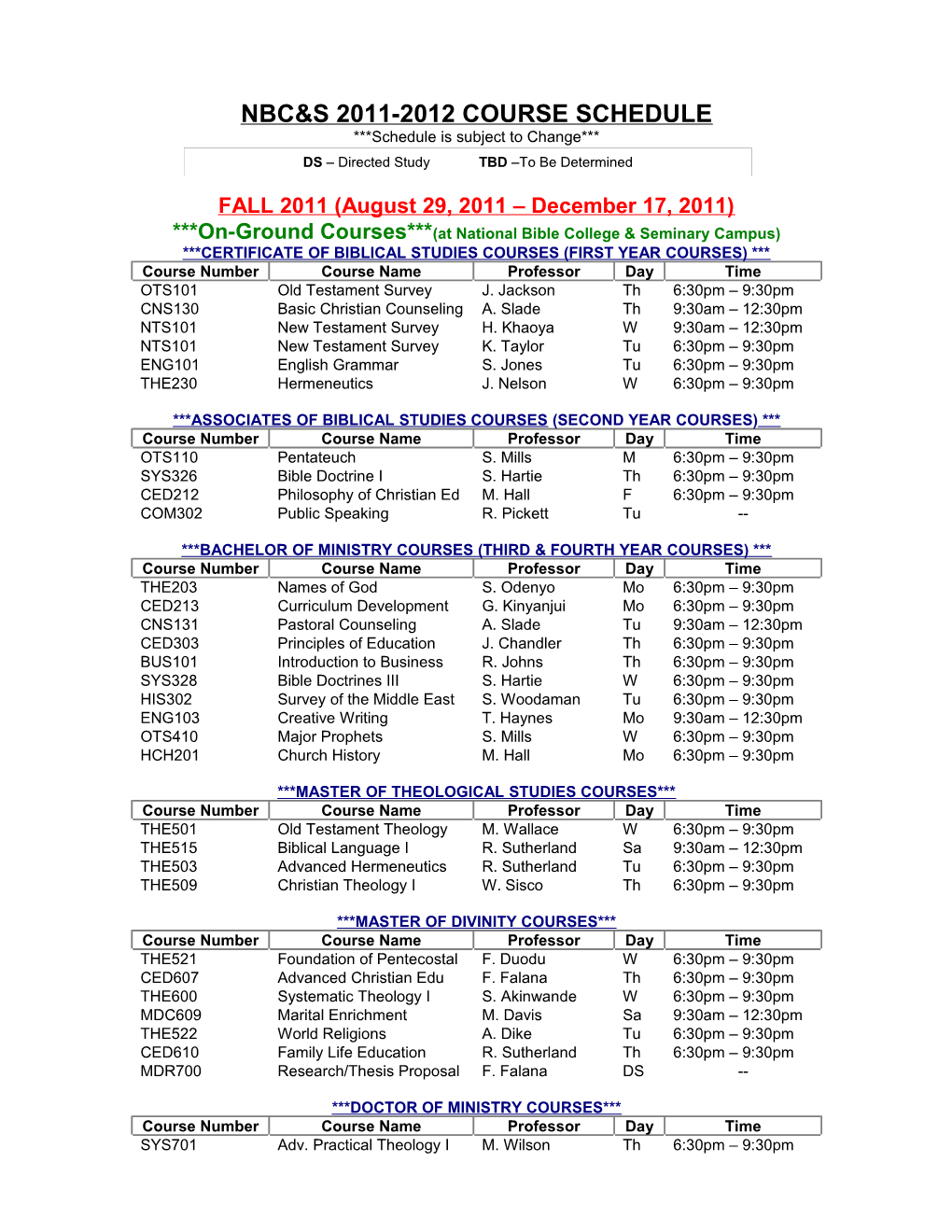 Nbc&S 2011-2012 Course Schedule
