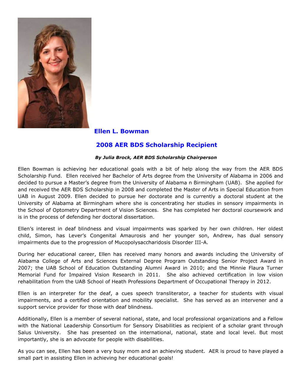 2008 AER BDS Scholarship Recipient