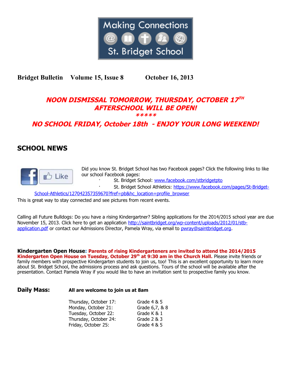 Bridget Bulletin Volume 15, Issue 8 October 16, 2013