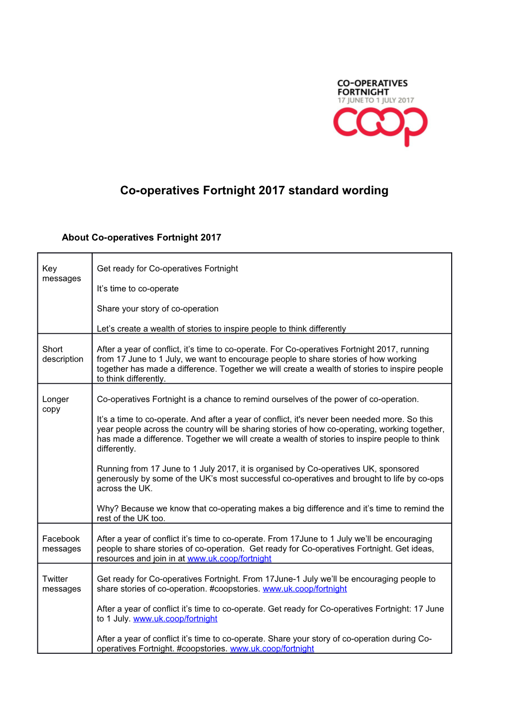 Co-Operatives Fortnight 2017 Standard Wording