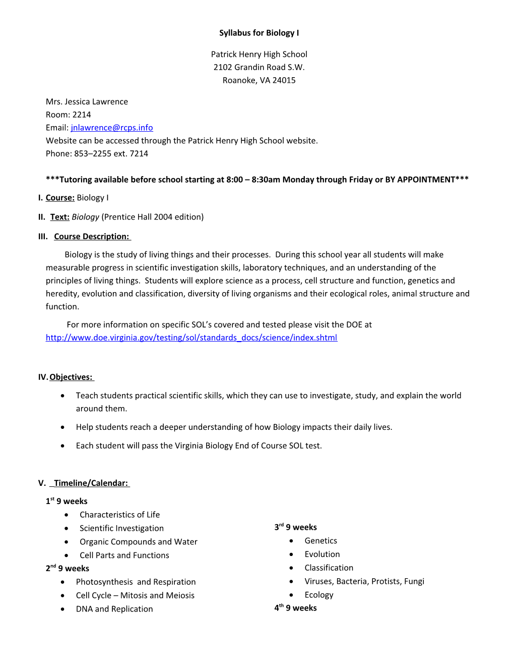 Syllabus for Biology I