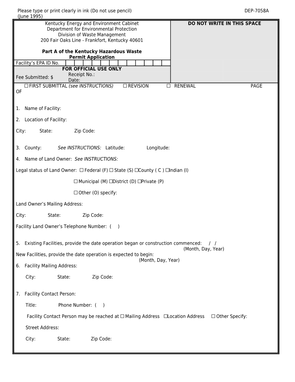 Part a 1995 Fill-In Format DEP-7058A (July 1997)