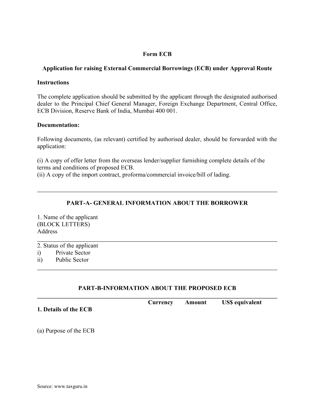Application for Raising External Commercial Borrowings (ECB) Under Approval Route