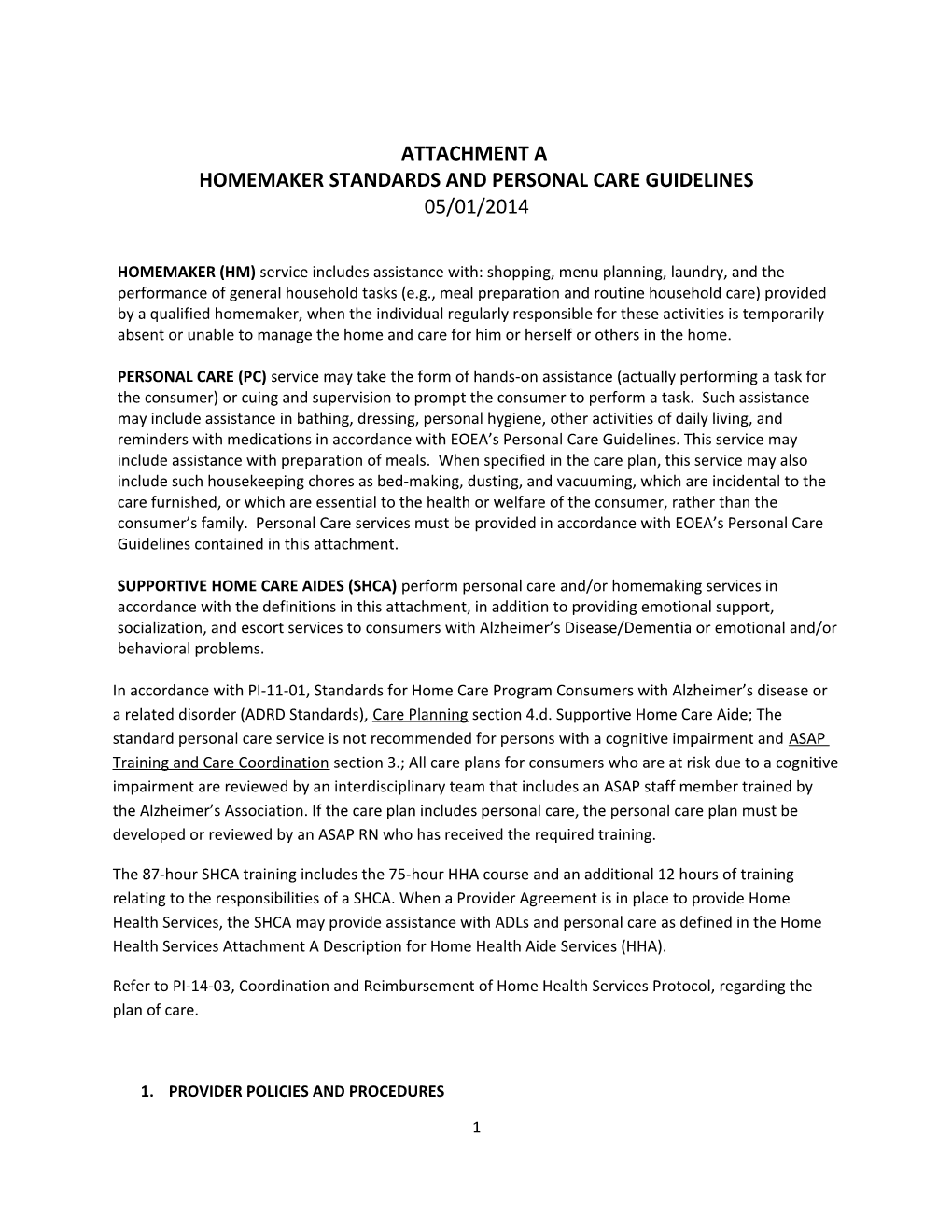 Homemaker Standards and Personal Care Guidelines