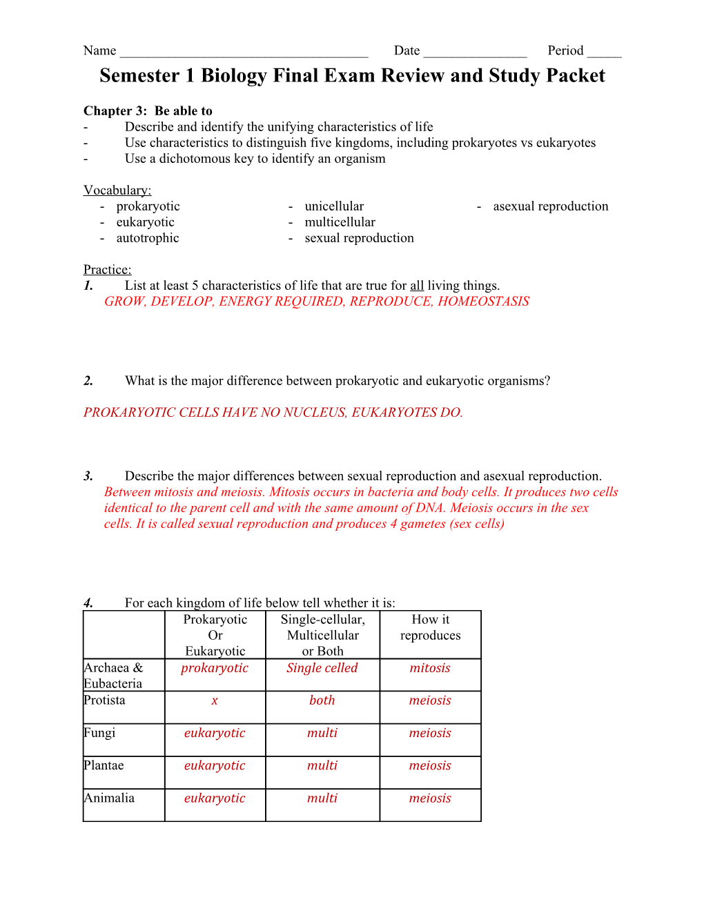 Semester 1 Biology Final Exam Review and Study Packet