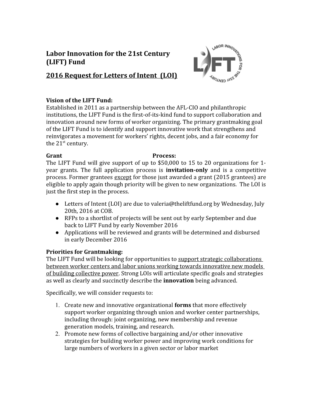 Labor Innovation for the 21St Century (LIFT) Fund