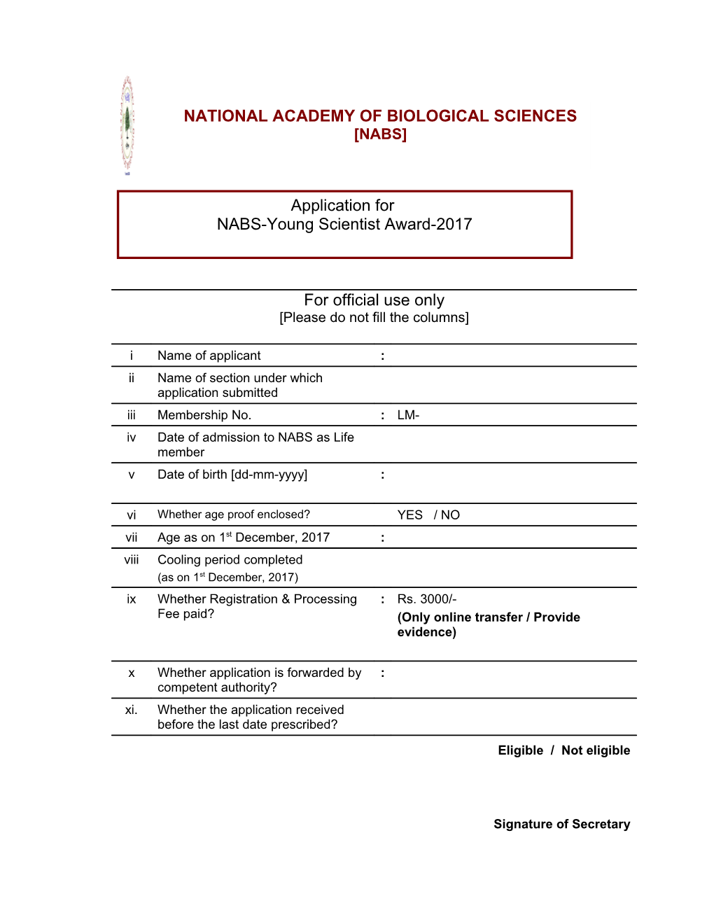 Application for NABS-Young Scientist Award-2017