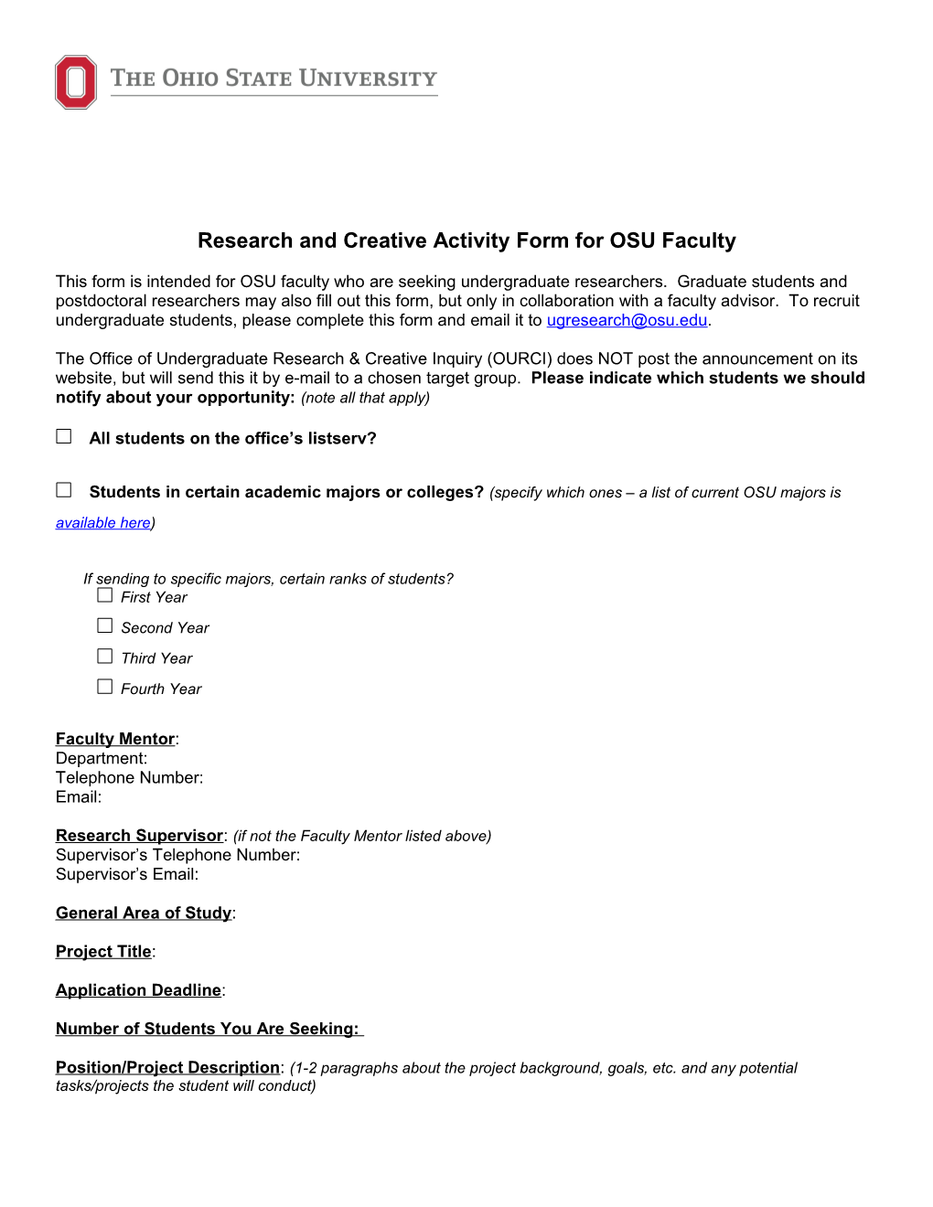 Research and Creative Activity Form for OSU Faculty