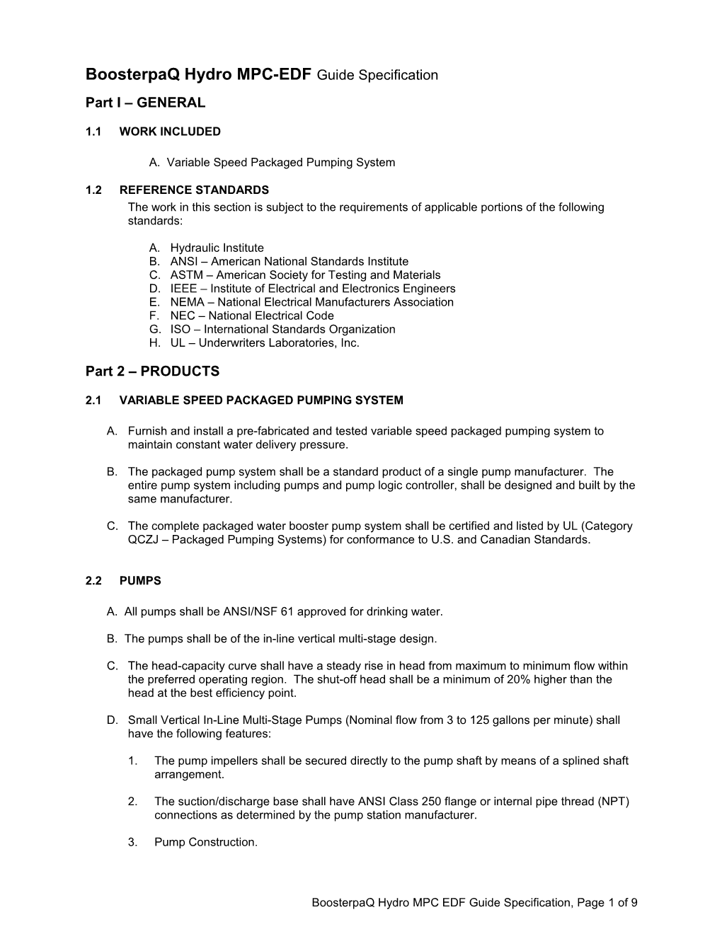 Boosterpaq Hydro MPC-EDF Guide Specification