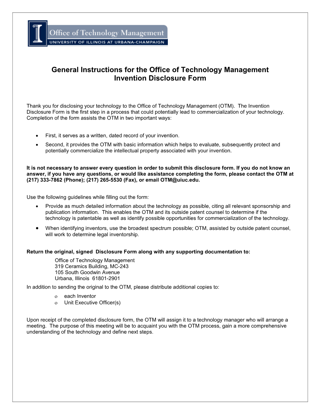 General Instructions for the Office of Technology Management