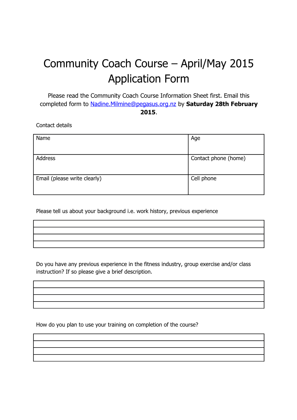 2015 Community Coach Course Application Form