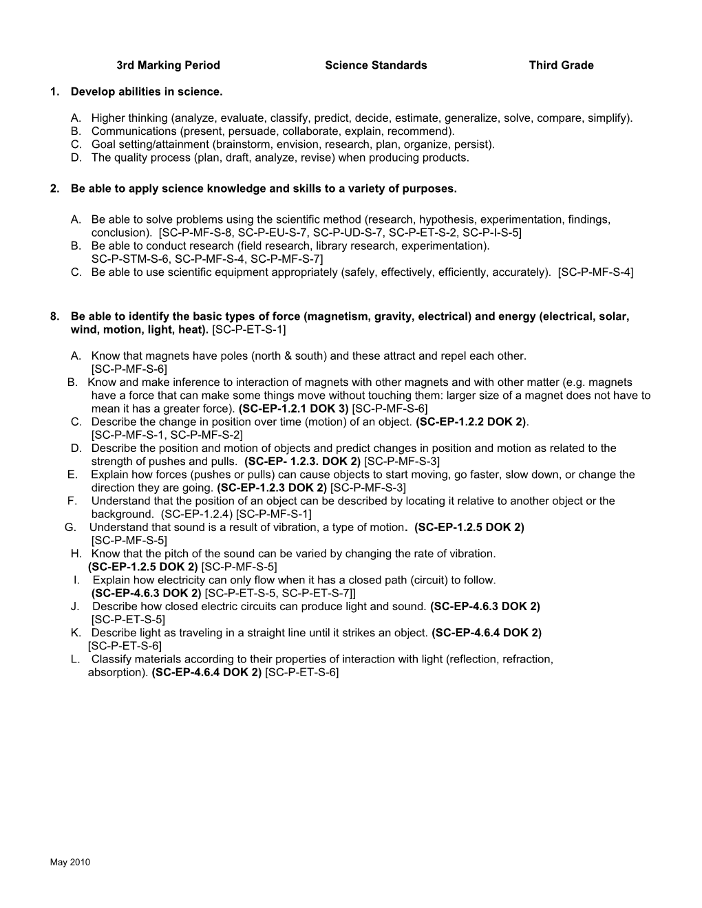 Third Marking Period Science Standards Third Grade