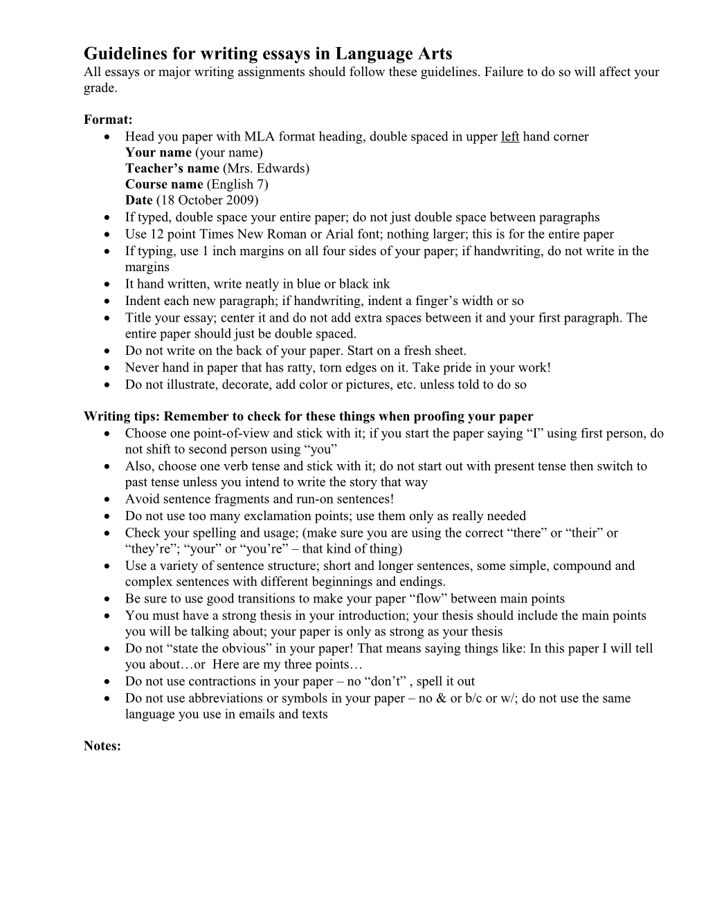Guidelines for Writing Essays in English 7, Mrs
