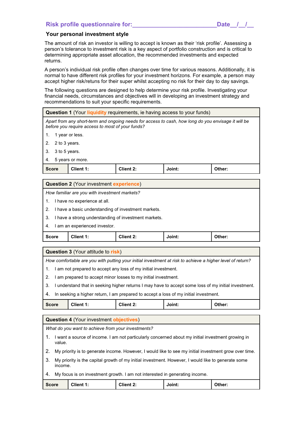 Risk Profile Questionnaire