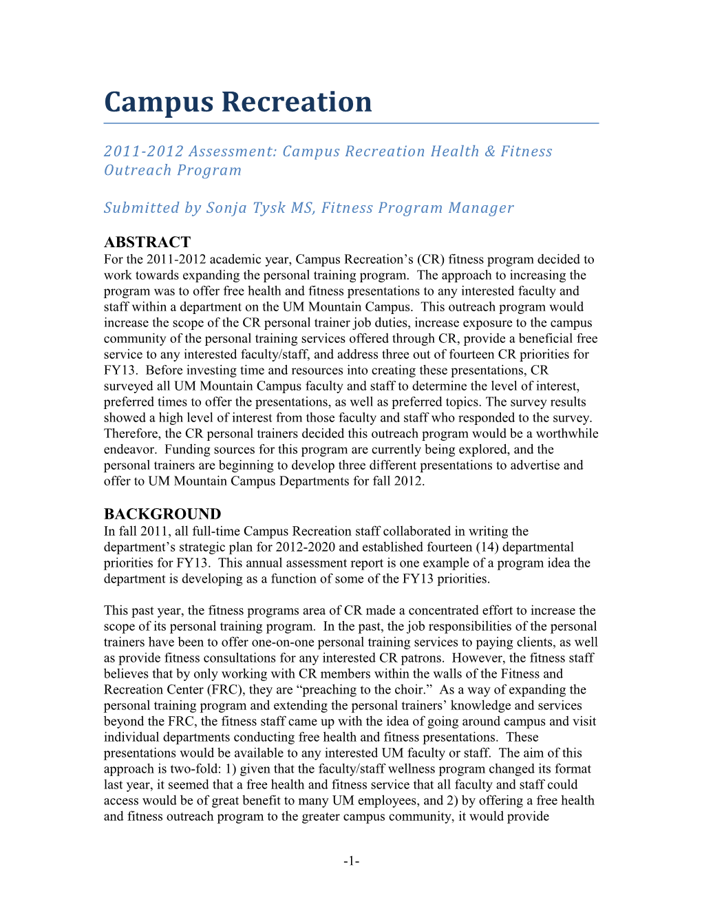 2011-2012 Assessment: Campus Recreation Health & Fitness Outreach Program