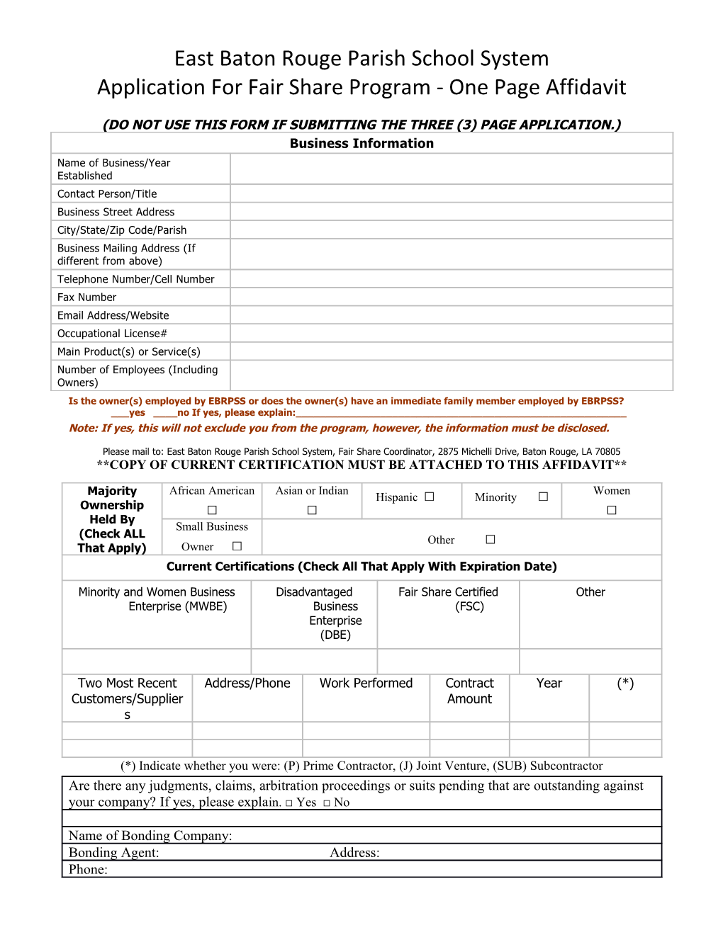 Application for Fair Share Program - One Page Affidavit