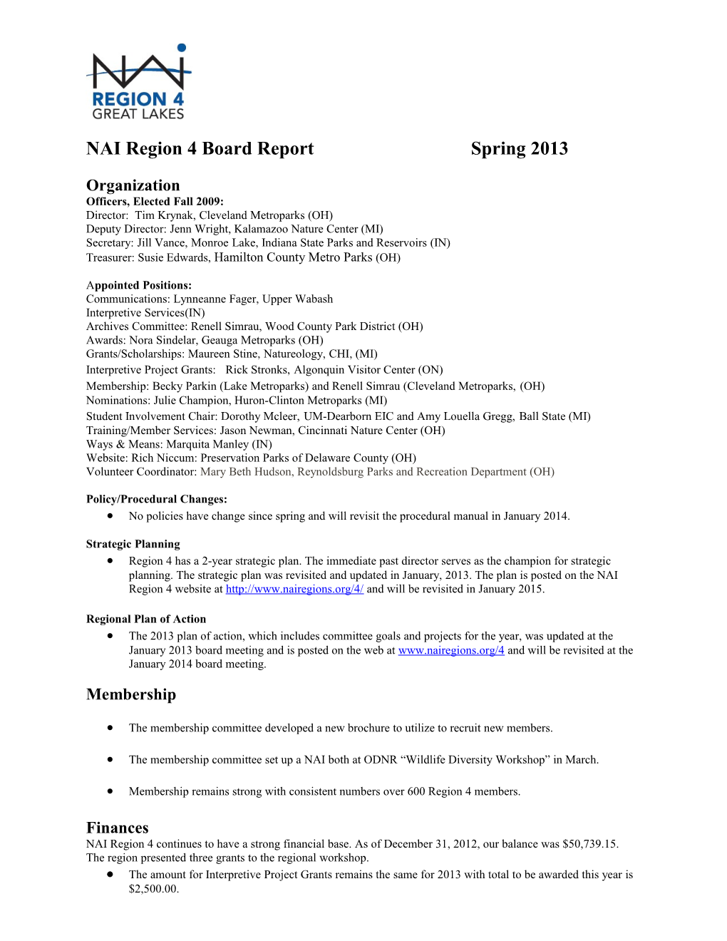 NAI Region 4 Board Report Spring 2013