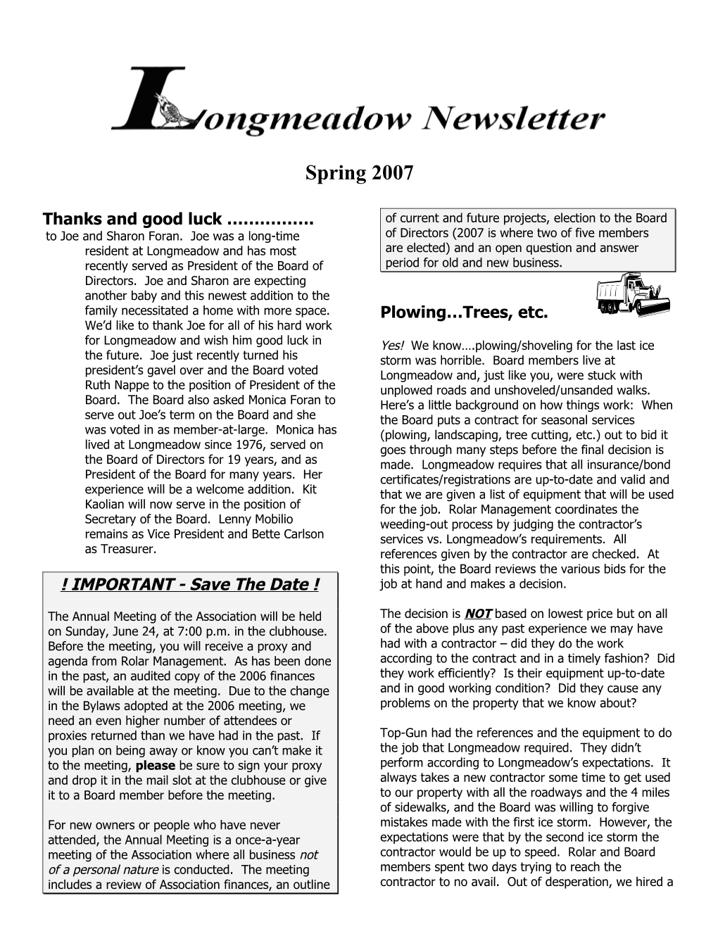 Longmeadow Condominium Newsletter