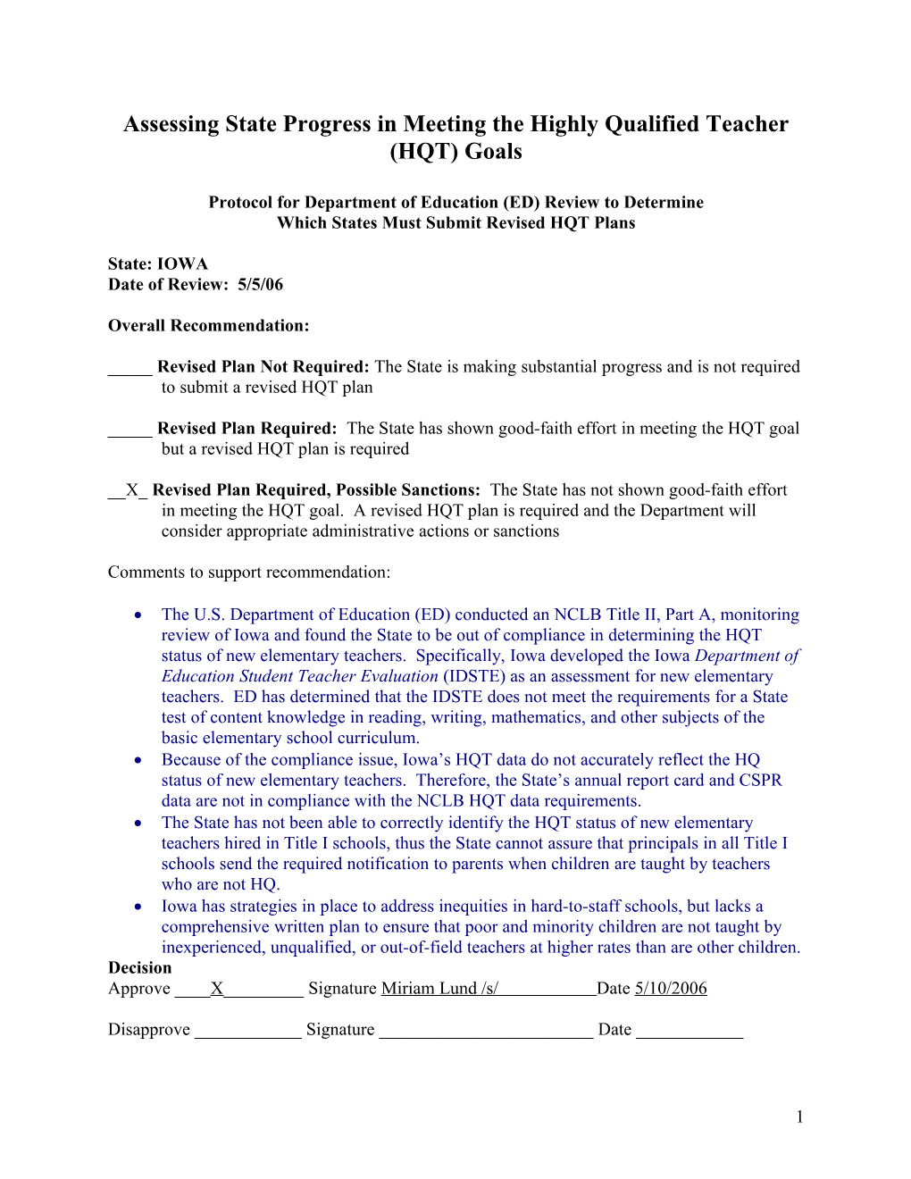 Assessing State Progress in Meeting the Highly Qualified Teacher (HQT) Goals - Iowa (MS Word)