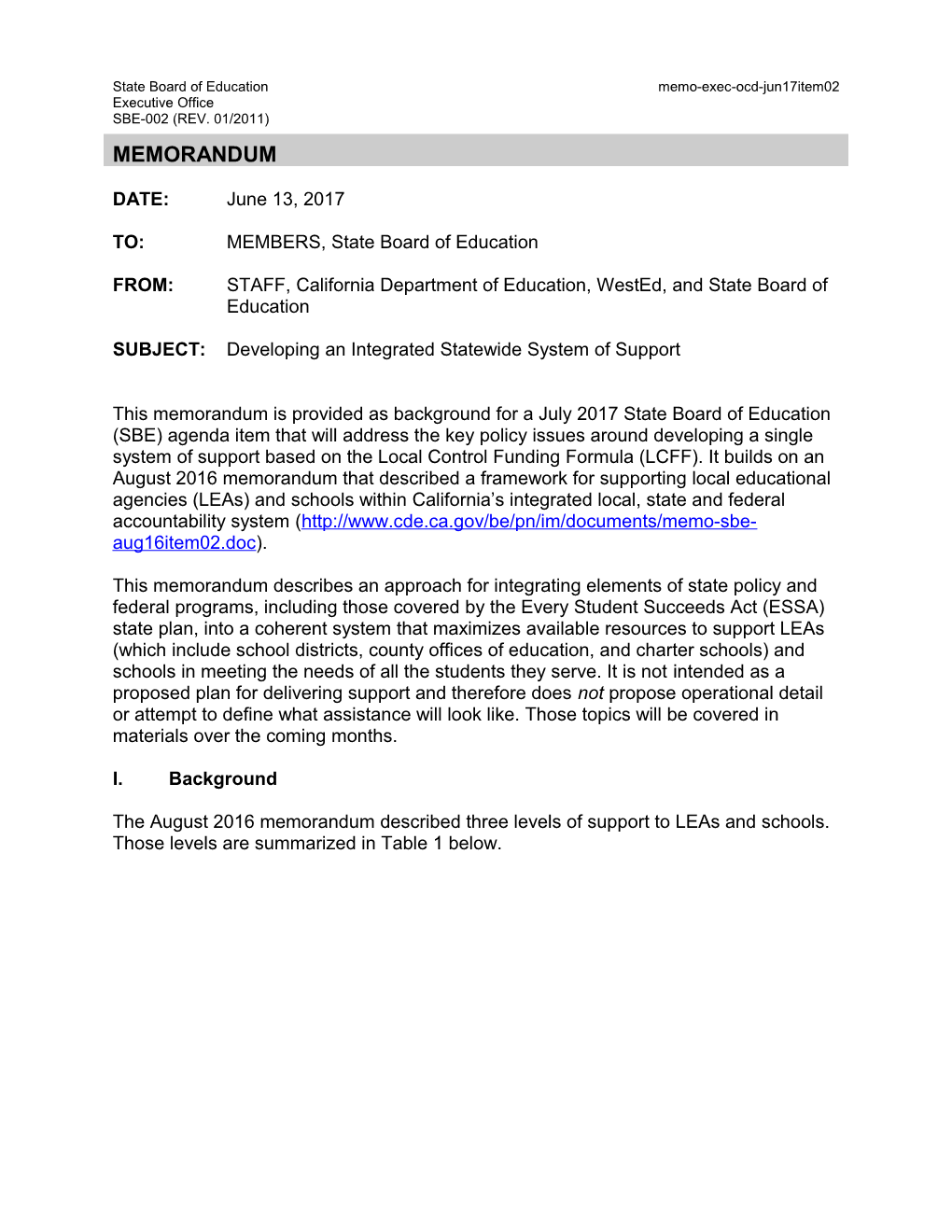June 2017 Memo OCD Item 02 - Information Memorandum (CA State Board of Education)