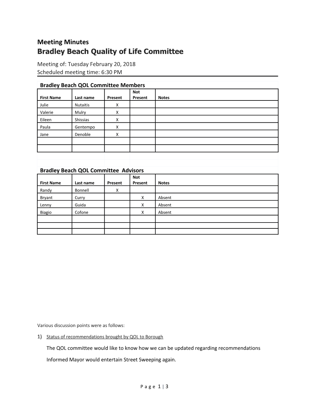 Meeting Minutes Bradley Beach Quality of Life Committee