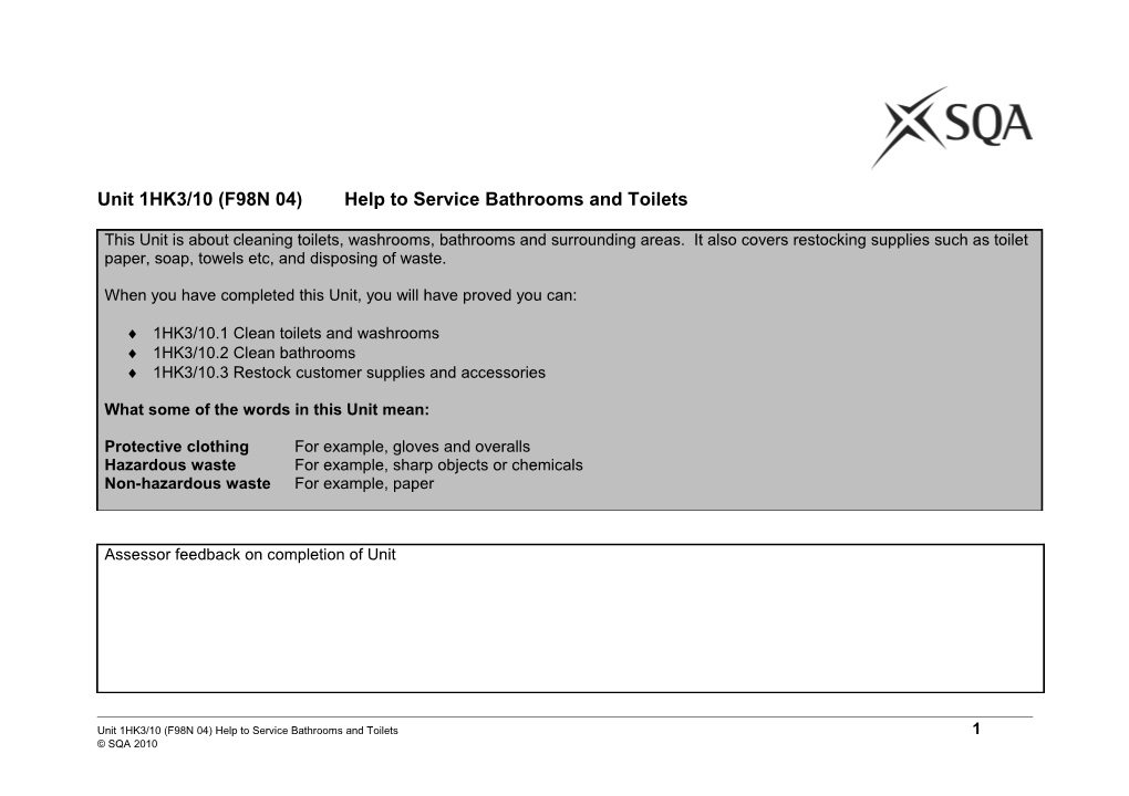 Unit 1HK3/10 (F98N 04) Help to Service Bathrooms and Toilets