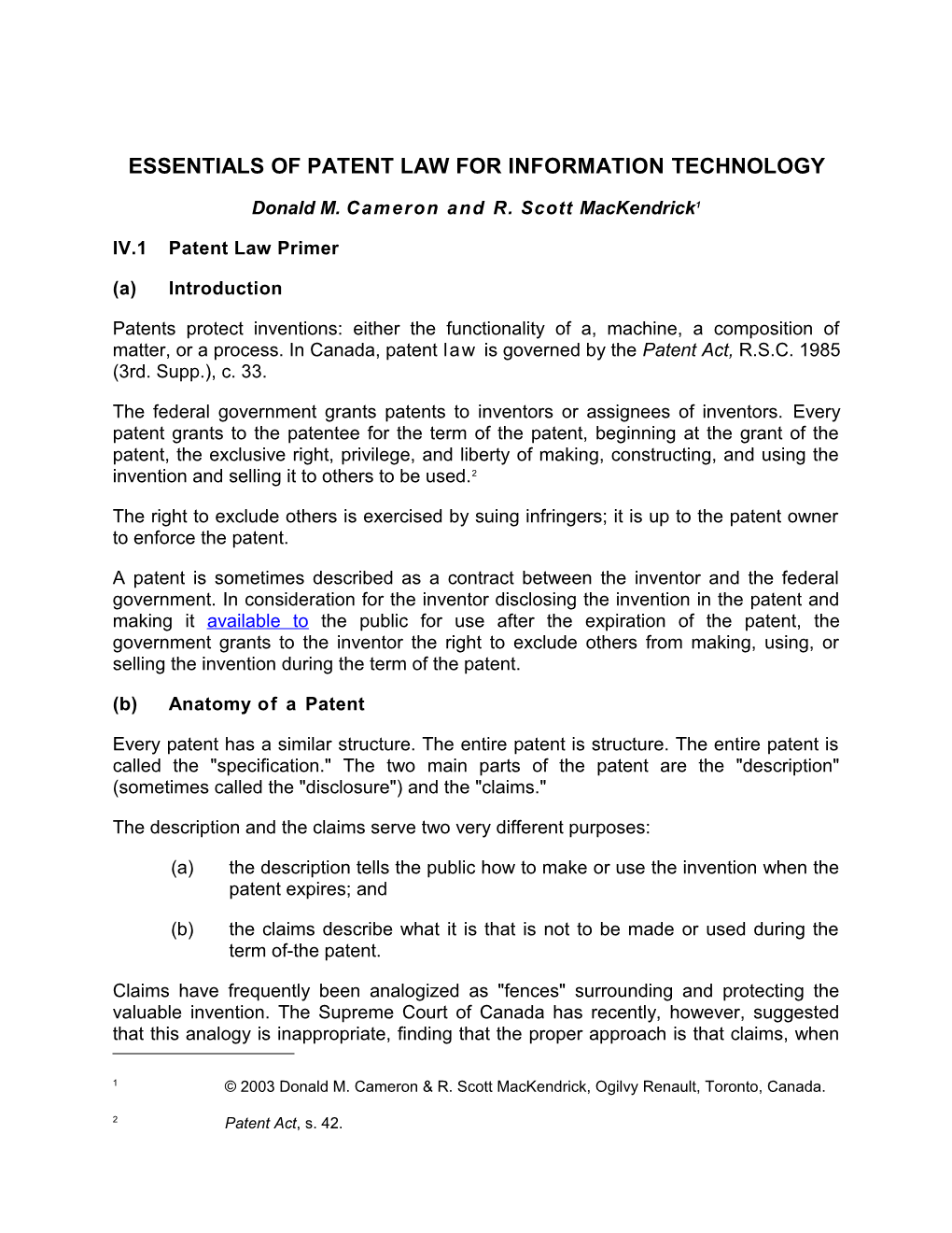 Essentials of Patent Law for Information Technology